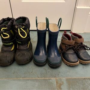 Sorel Black and Yellow Boots, Blue and Green Rain Boots, Brown and Black Boots